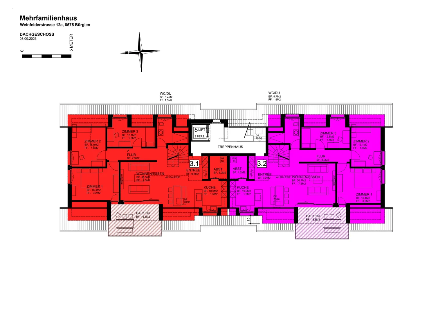 Grundriss Dachgeschoss rot