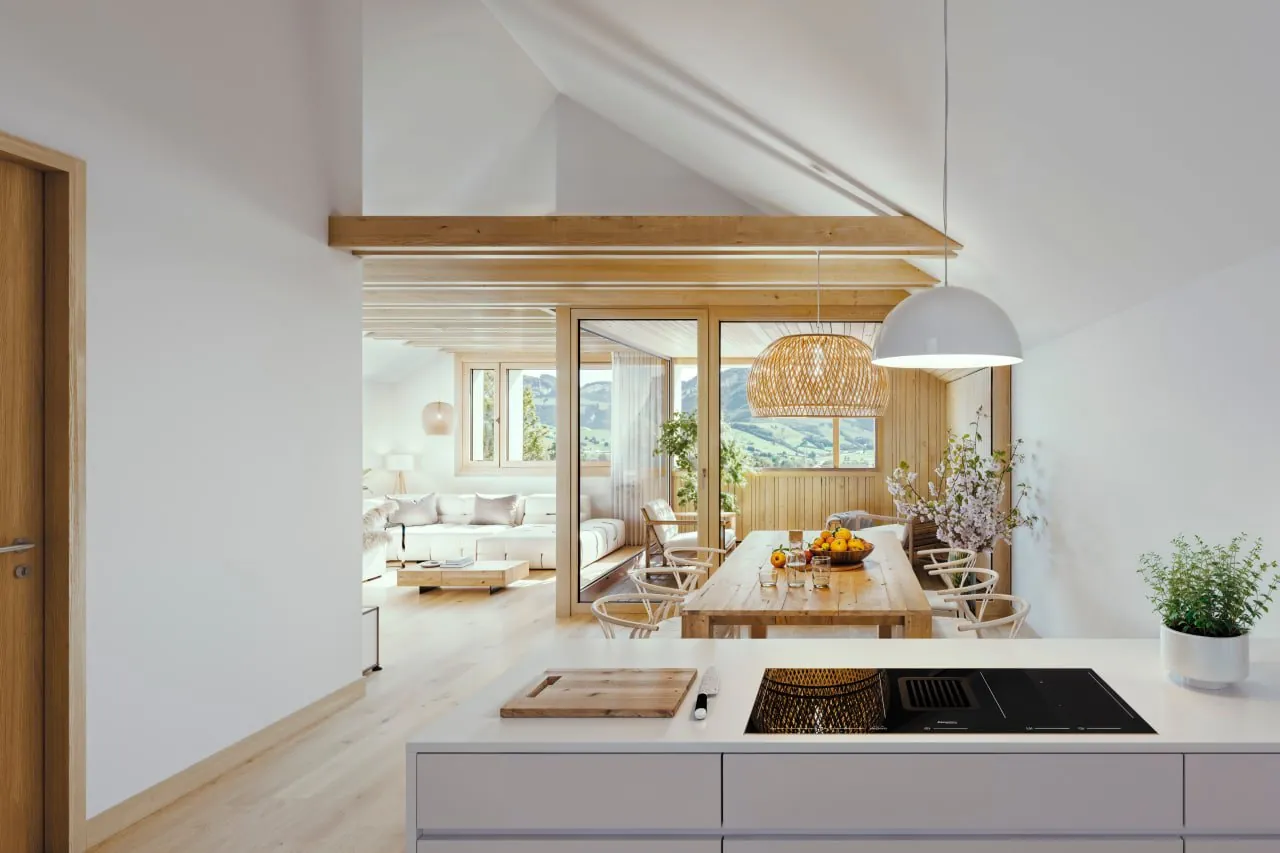 Küche mit Blick in den Wohnraum